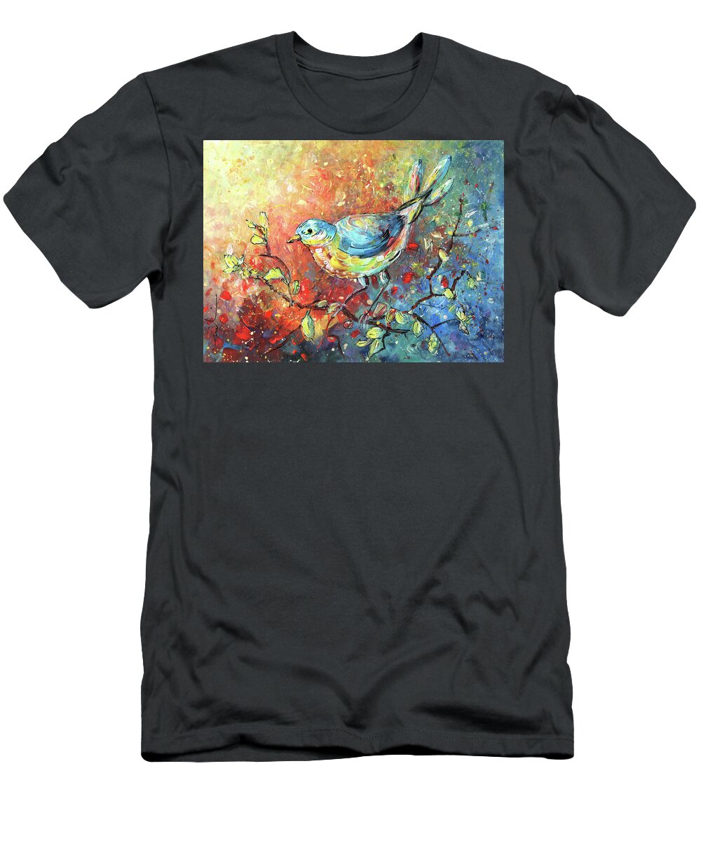 Birds T-Shirt featuring the painting Blue Bird 01 by Miki De Goodaboom