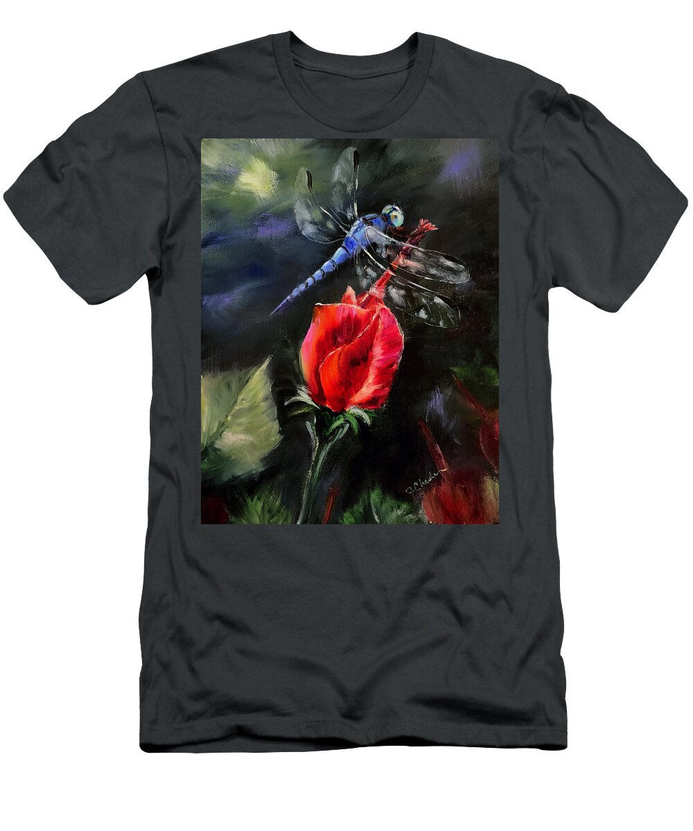 Dragonfly T-Shirt featuring the painting Blue Dasher on Turks Cap by Jan Chesler