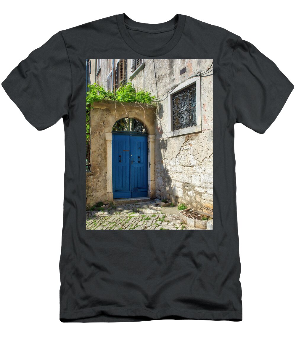 Adriatic Sea T-Shirt featuring the photograph Blue Door 1 by Eggers Photography