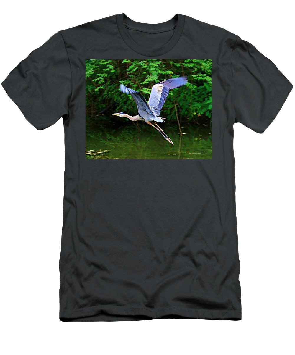 Blue Heron T-Shirt featuring the photograph Blue Heron in Flight by Mary Walchuck