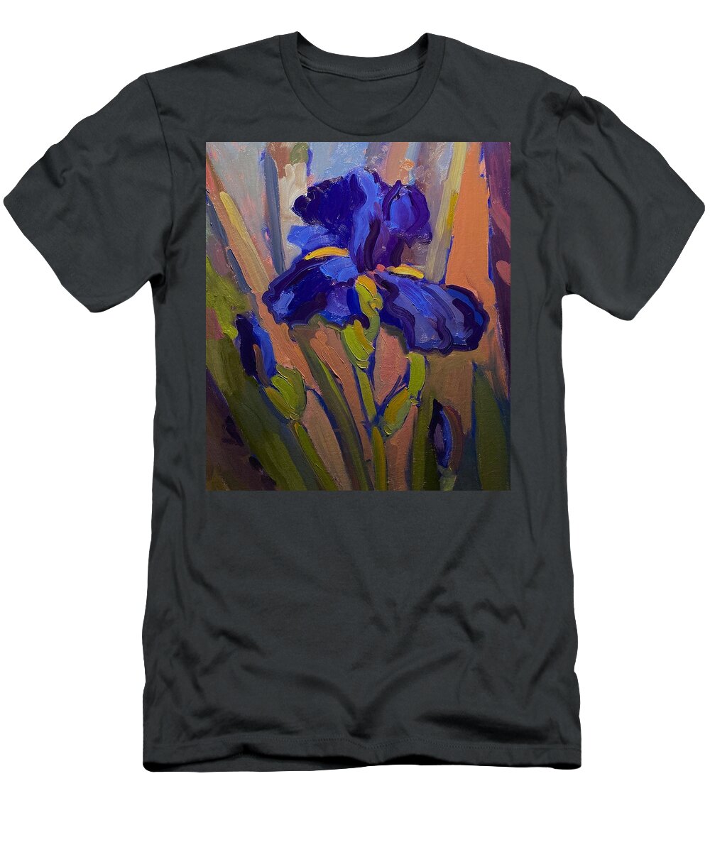 Iris T-Shirt featuring the painting Blue iris by the myrtle tree by R W Goetting