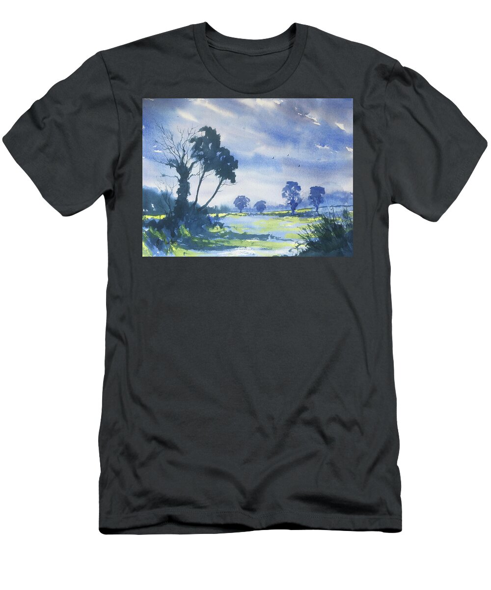 Watercolour T-Shirt featuring the painting Blue Light on the Yorkshire Wolds by Glenn Marshall