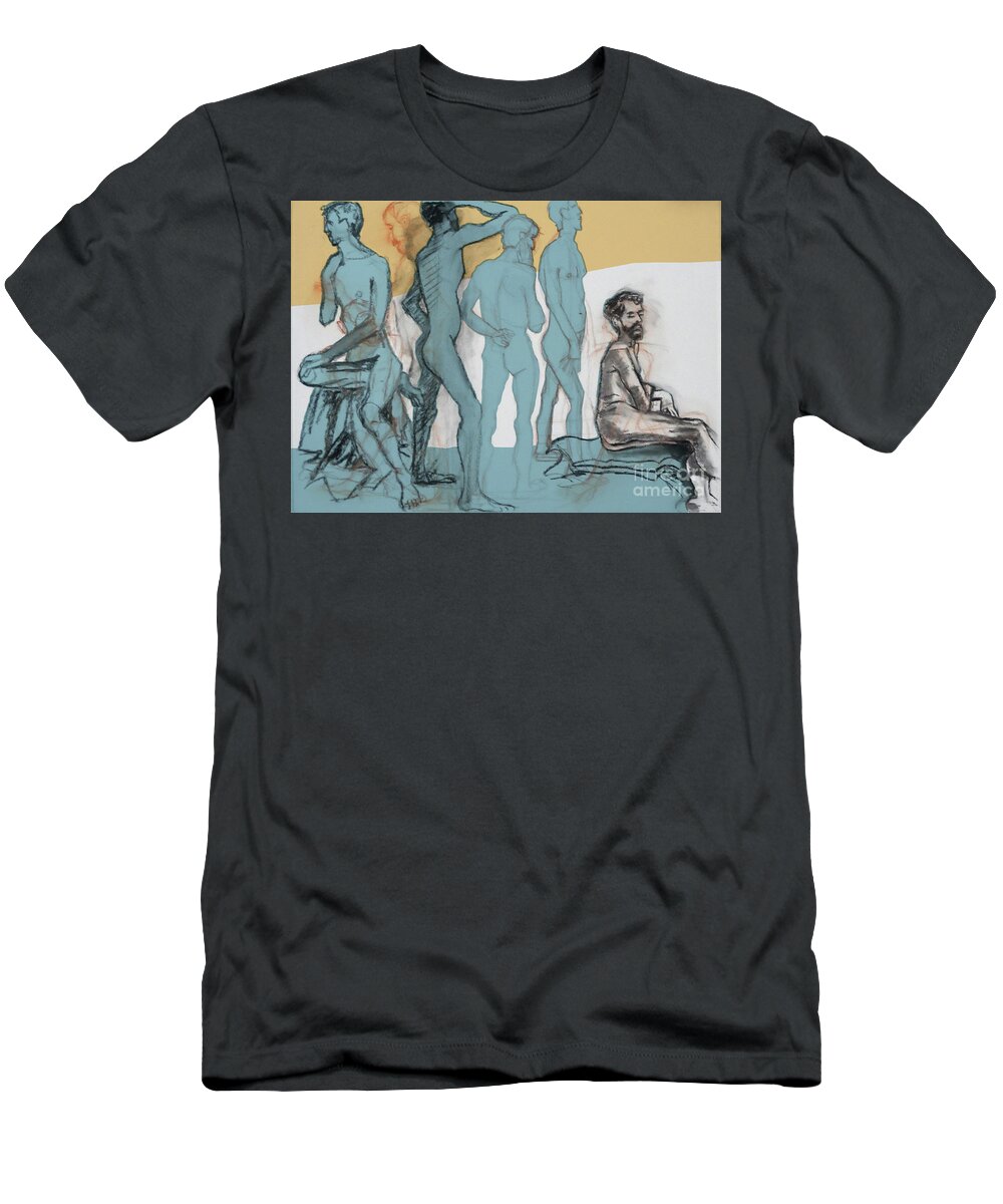 Male Nude T-Shirt featuring the mixed media Blue Nude by PJ Kirk
