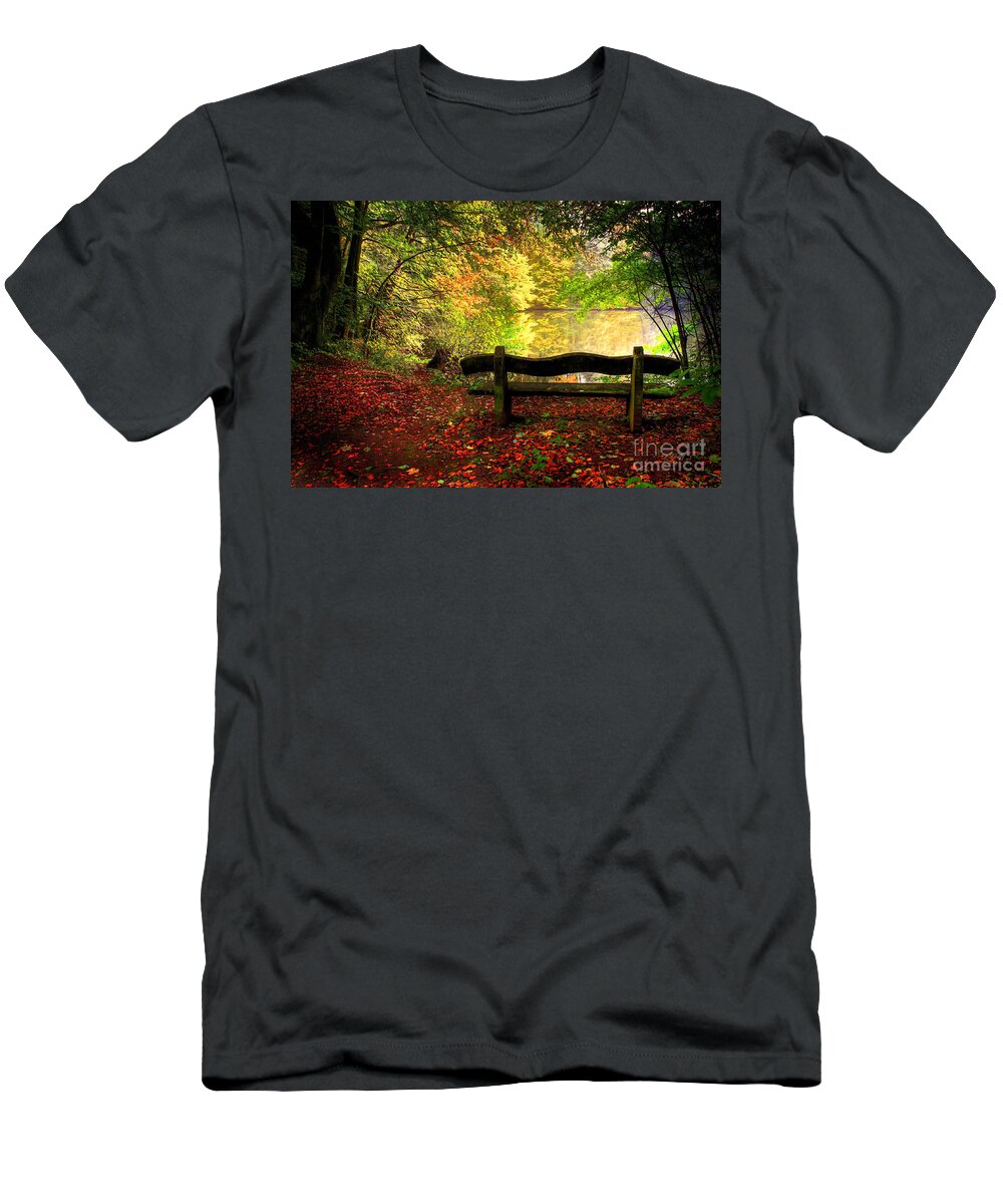 Blue Ridge T-Shirt featuring the mixed media Blue Ridge Mountains Bench At Lake by Sandi OReilly