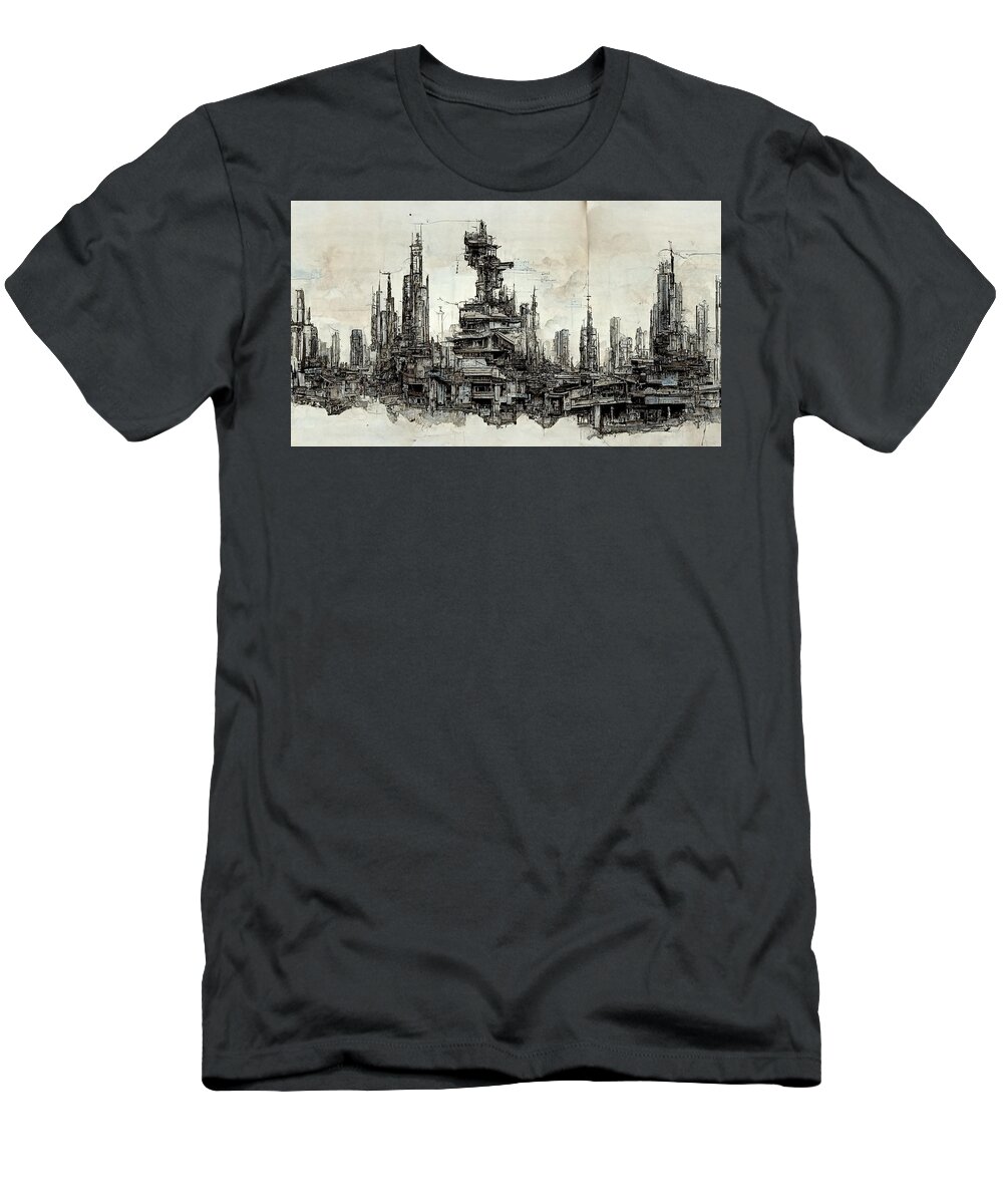 Peacock T-Shirt featuring the painting Blueprint of derelict city skyline for background of  c00a3c85 d3fd 883b 8ed8 d3c381ebd by MotionAge Designs