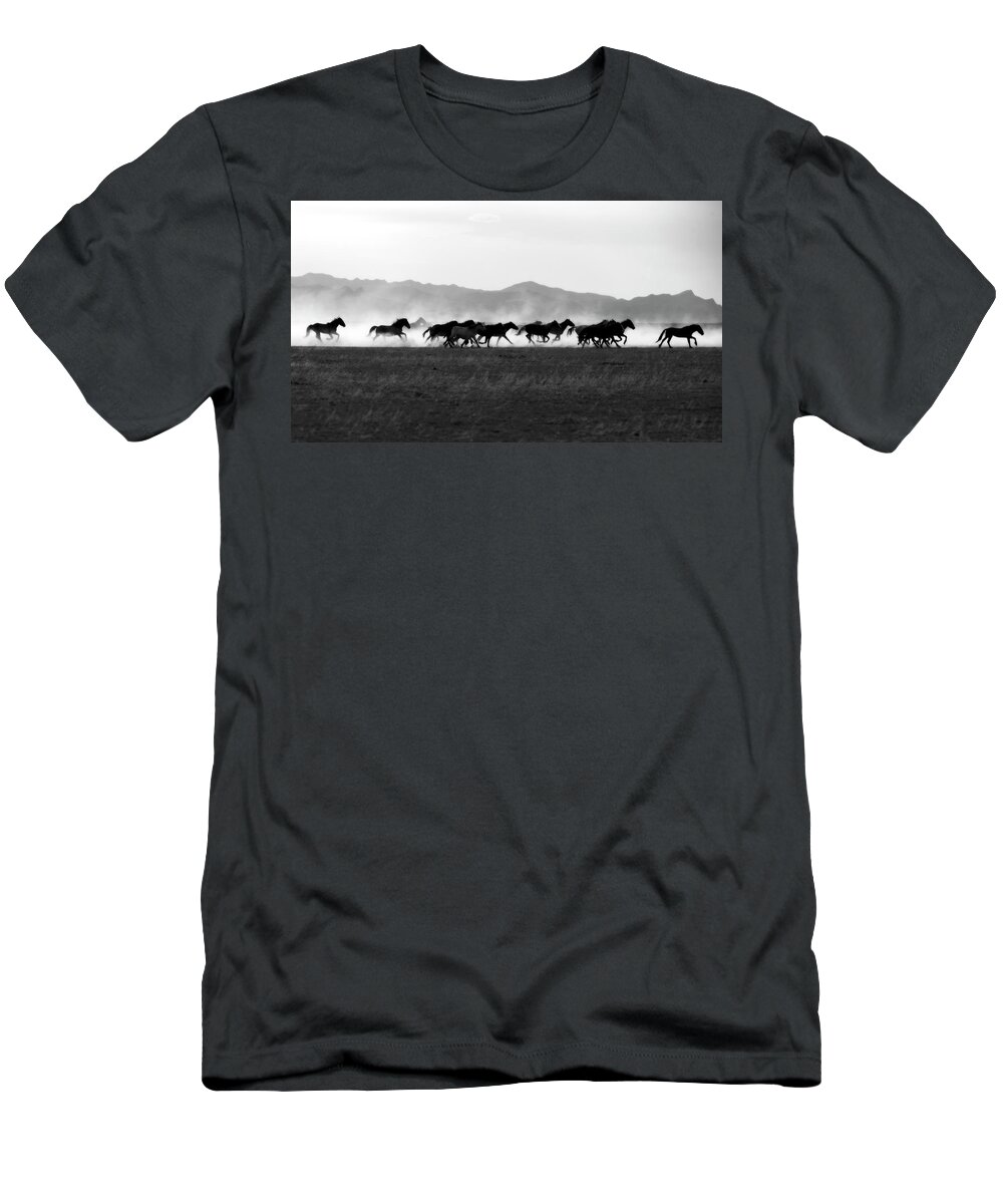 Wild Horse T-Shirt featuring the photograph BnW Running Stallions in Dust by Dirk Johnson