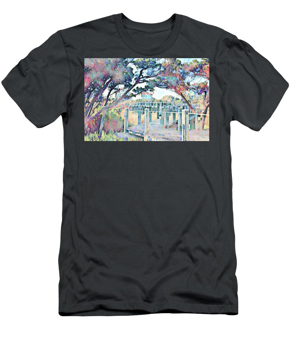 Hatteras T-Shirt featuring the digital art Boardwalk At Hatteras Island 2020a by Cathy Lindsey