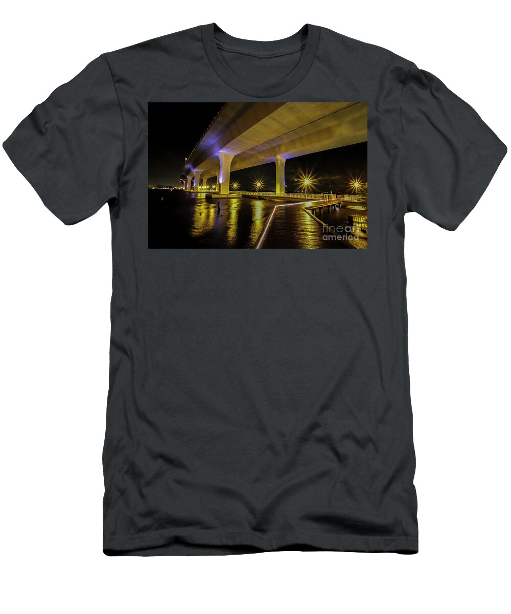 Boardwalk T-Shirt featuring the photograph Boardwalk, Lights and Bridge by Tom Claud