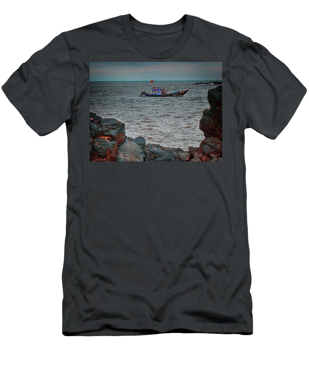 Boat T-Shirt featuring the photograph Boat heading for the coast by Robert Bociaga