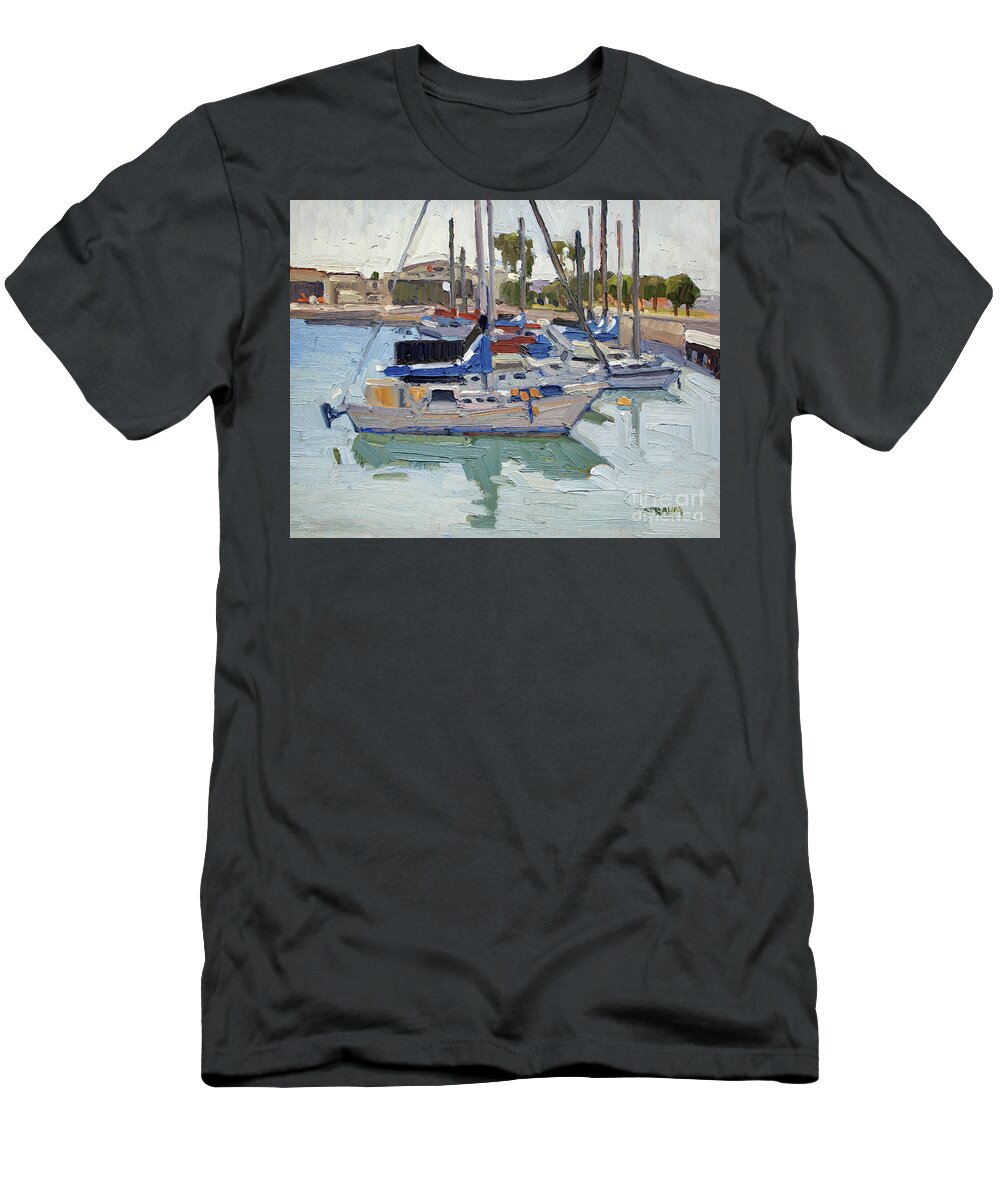 Boat T-Shirt featuring the painting Boat Marina by U.S. Coast Guard Building - San Diego, California by Paul Strahm