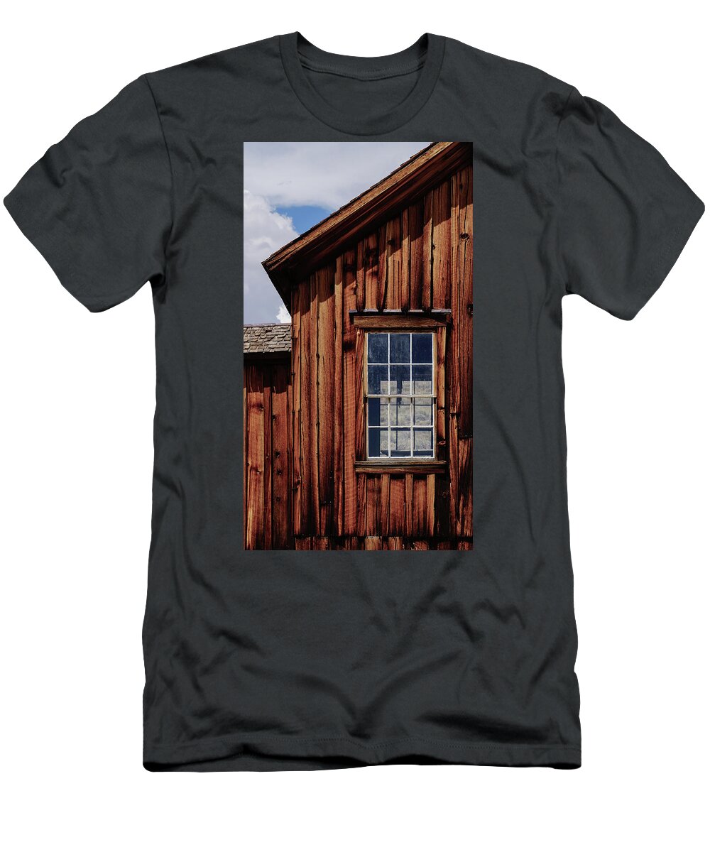 Bodie State Historic Park T-Shirt featuring the photograph Bodie Window With Sky by Brett Harvey