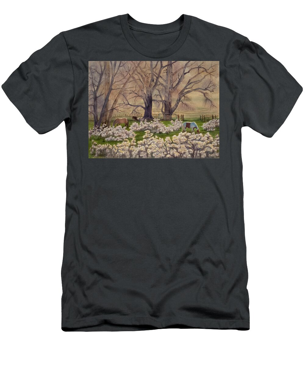Artist T-Shirt featuring the mixed media Boulder Valley Ranch by Joan Wolbier
