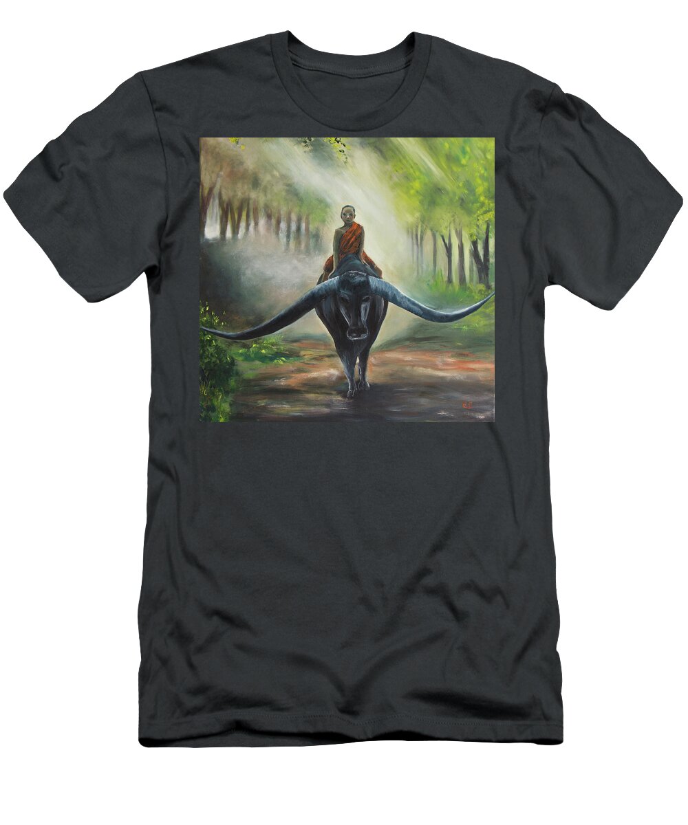 Water Buffalo T-Shirt featuring the painting Boy and Water Buffalo by Evelyn Snyder