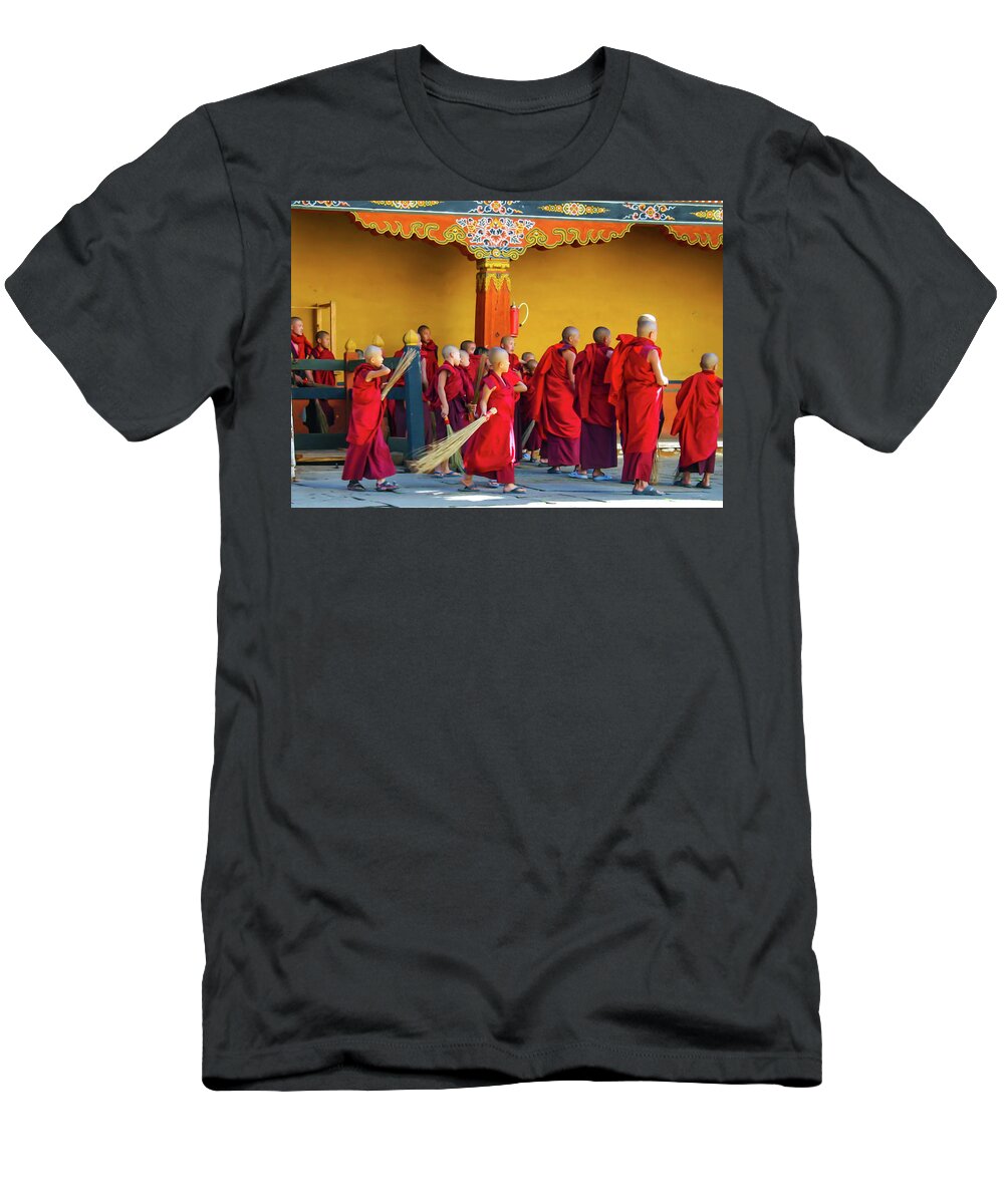 School T-Shirt featuring the photograph Boy Monks by Leslie Struxness