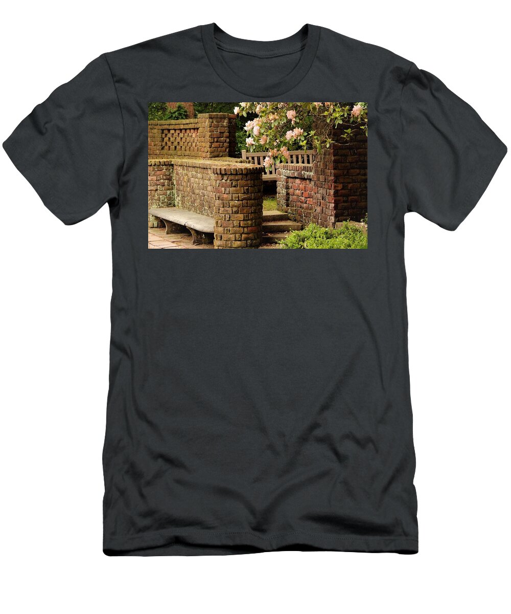 Brick Wall Bench Stairs Flowers T-Shirt featuring the photograph Brick Walls1 by John Linnemeyer