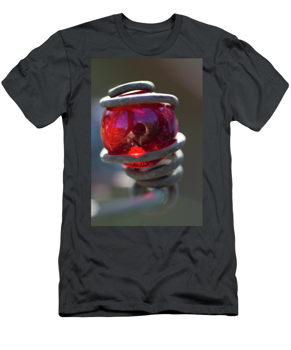 Red T-Shirt featuring the photograph Bright Red Glass Marble Light Catcher Art by Kathy Clark