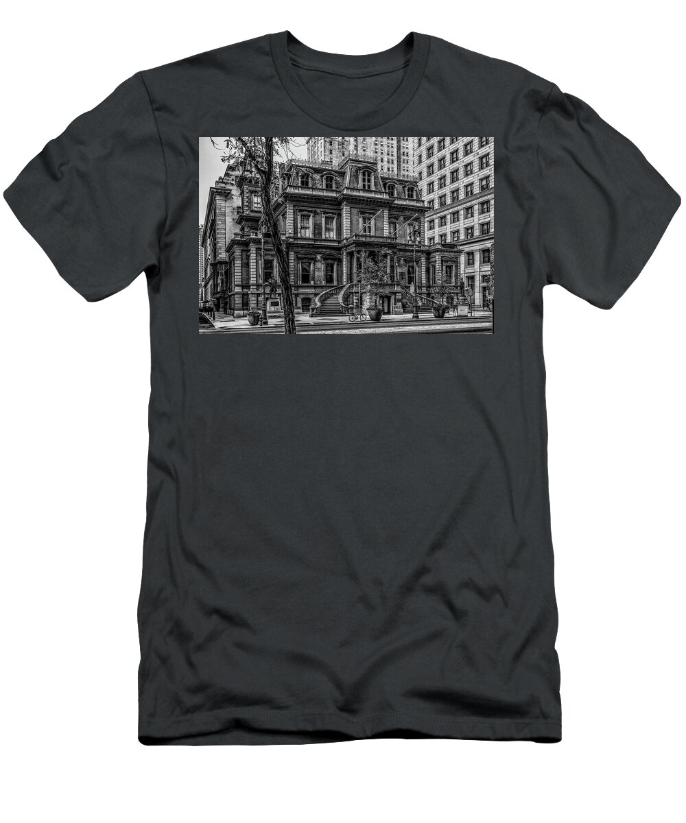 Black And White T-Shirt featuring the photograph Broad Street Philadelphia - The Union League Building in Black a by Bill Cannon