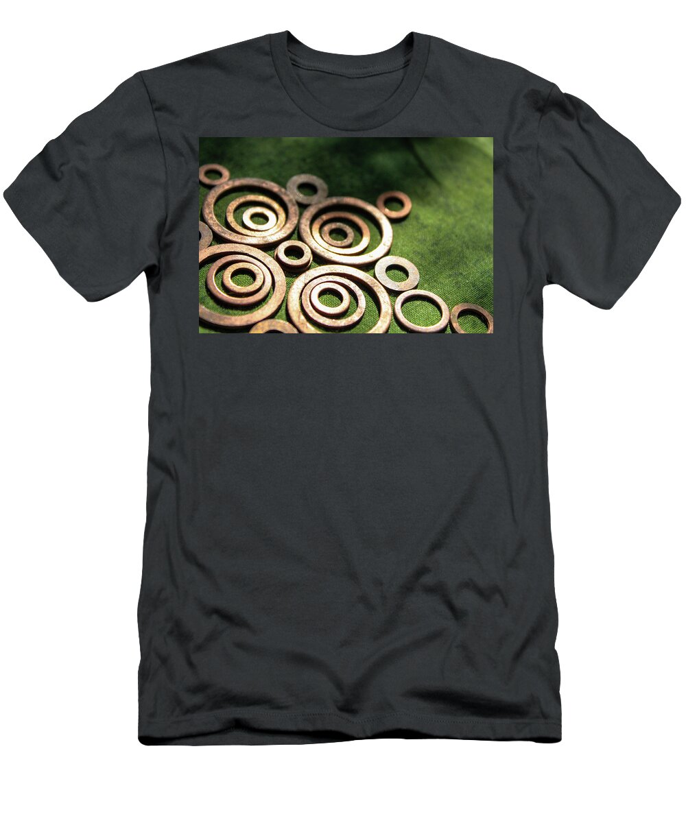 Washers T-Shirt featuring the photograph Bronze Washers on Green Fabric by W Craig Photography
