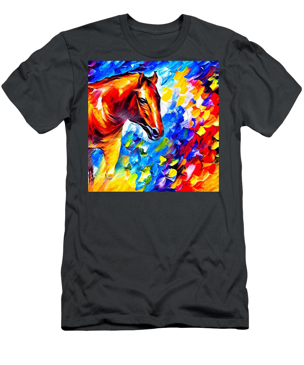 Horse T-Shirt featuring the digital art Brown horse portrait on a colorful blue, red and yellow background by Nicko Prints