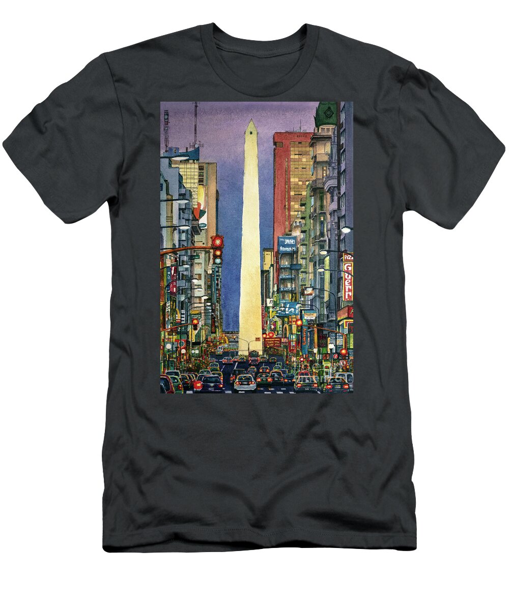 Buenos Aires T-Shirt featuring the painting Buenos Aires obelisk, at twilight by Bernardo Galmarini