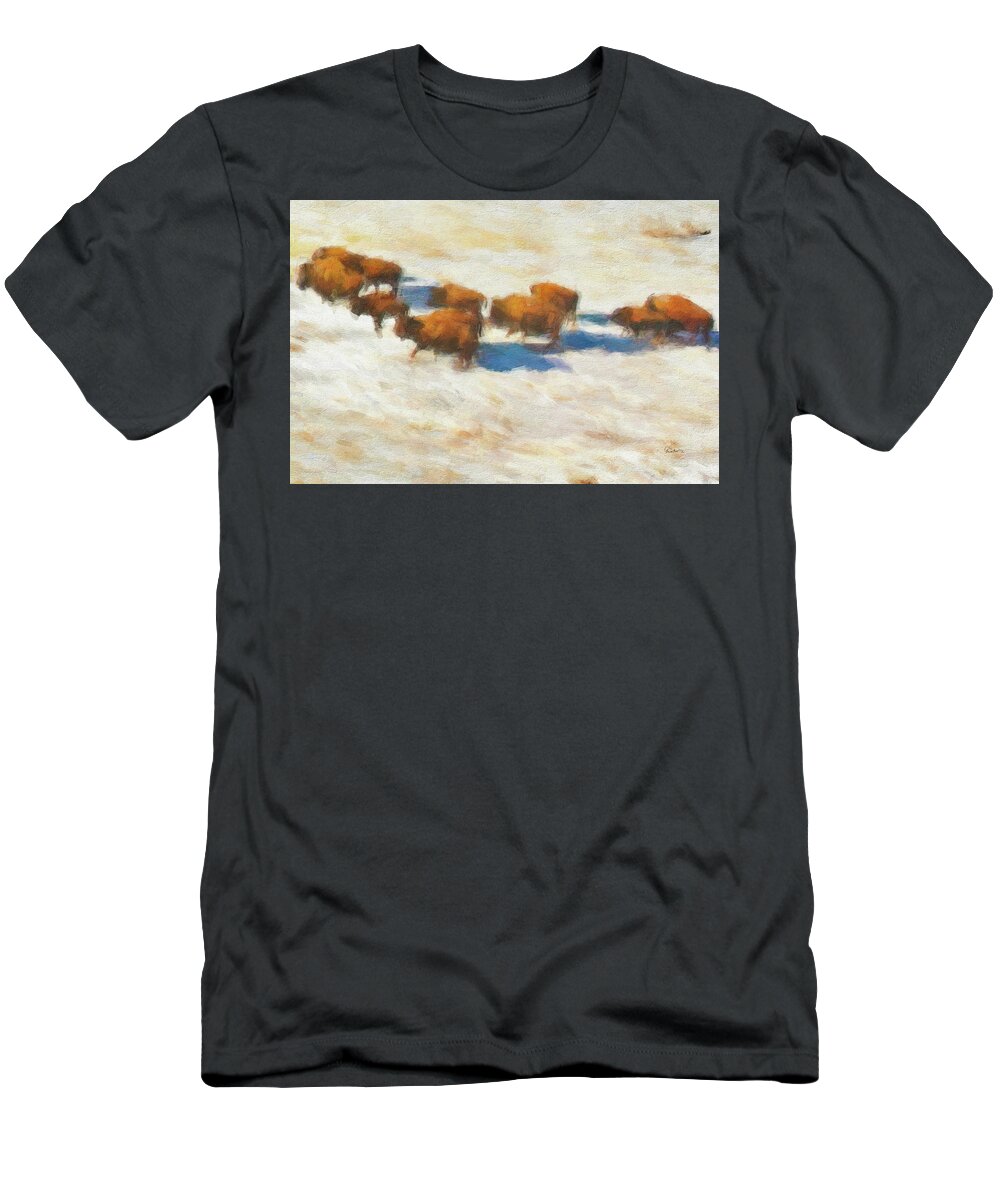 Buffalo T-Shirt featuring the digital art Buffalo Herd in Snow by Russ Harris