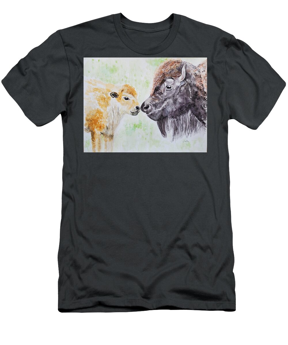 Bison Cow T-Shirt featuring the painting Bison Love - Watercolor by Claudette Carlton