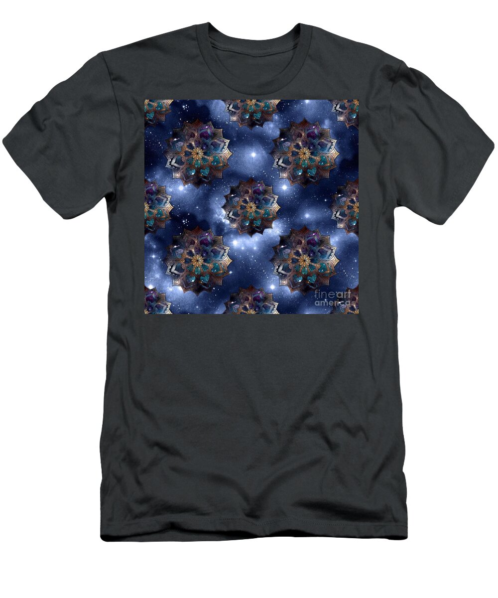 Watercolor T-Shirt featuring the digital art Bulena - Blue Watercolor Mandala Galaxy Dharma Pattern by Sambel Pedes