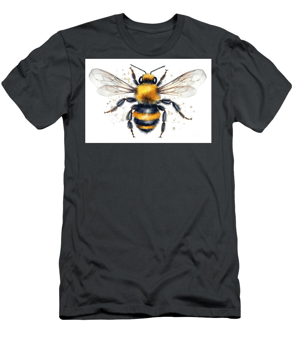 Bumblebee T-Shirt featuring the painting Bumblebee Close Up Watercolor Illustration Hand Drawn Fluffy Str by N Akkash