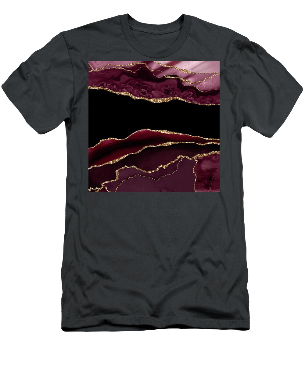 Watercolor T-Shirt featuring the digital art Burgundy Gold Agate Texture 11 by Aloke Design