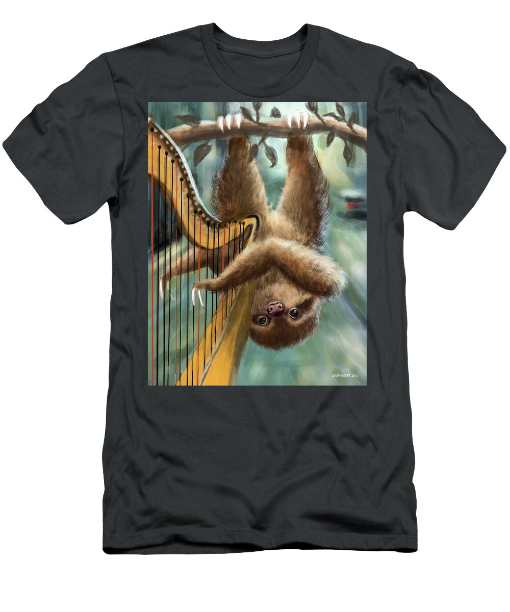 Sloth T-Shirt featuring the digital art Busking Sloth Harpist by Larry Whitler