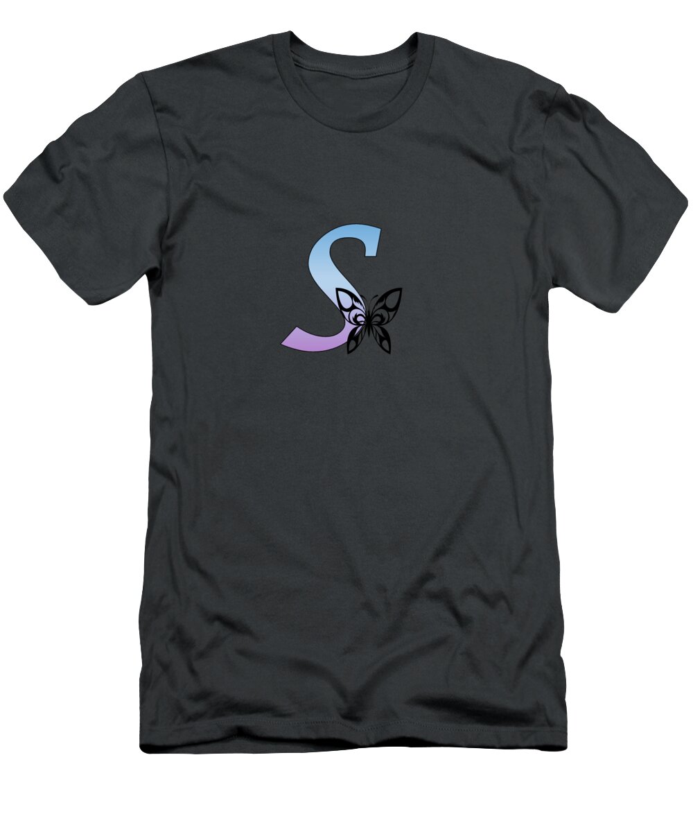 Monogram T-Shirt featuring the digital art Butterfly Silhouette on Monogram Lower Case s Gradient Blue Purple by Ali Baucom