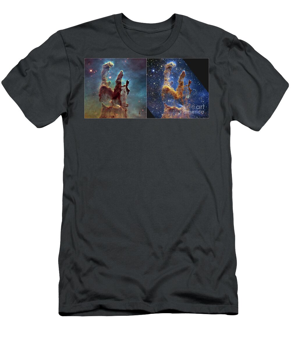 August T-Shirt featuring the photograph Pillars of Creation, JWST and Hubble images by Science Photo Library