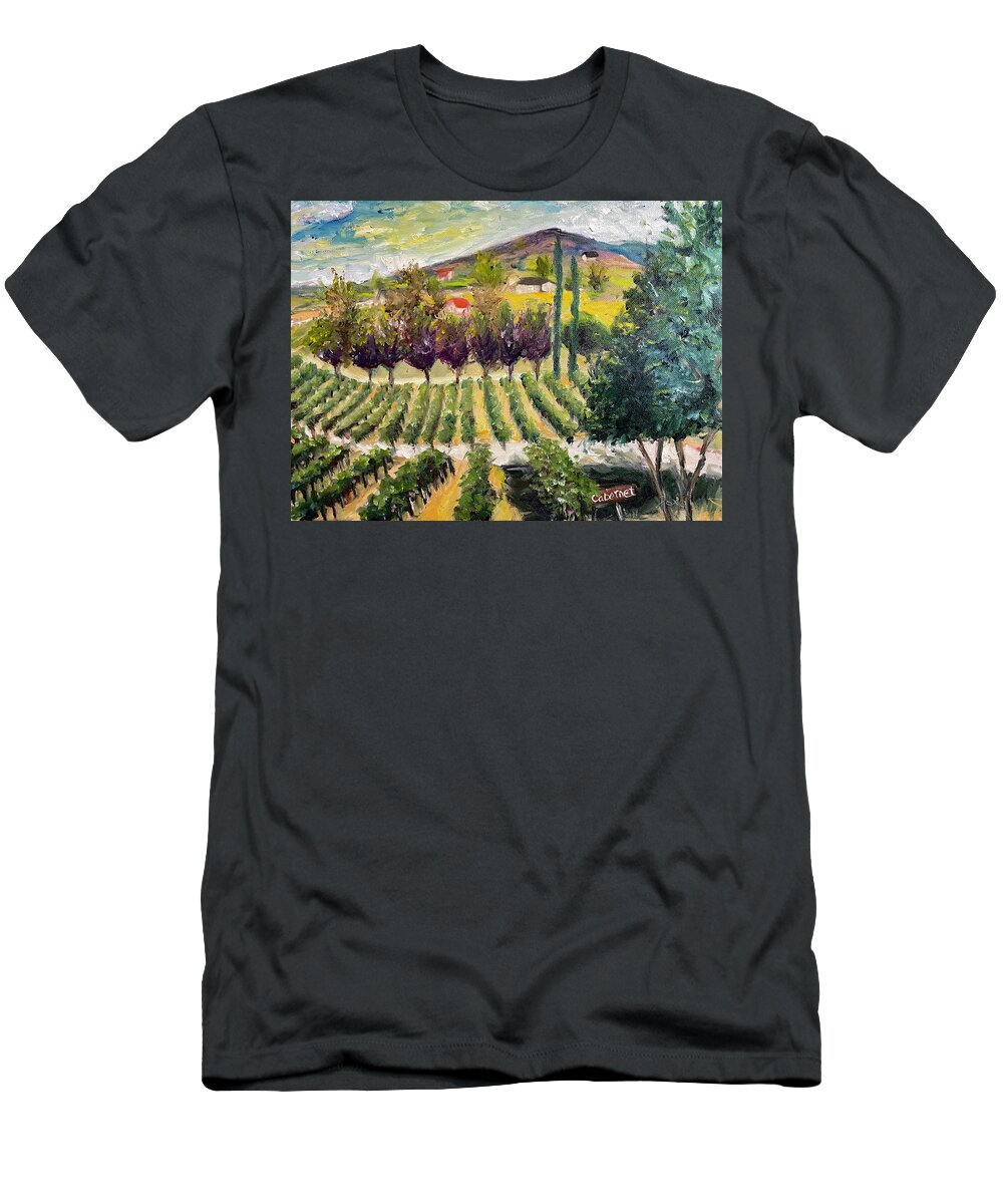 Oak Mountain T-Shirt featuring the painting Cabernet Lot at Oak Mountain Winery by Roxy Rich