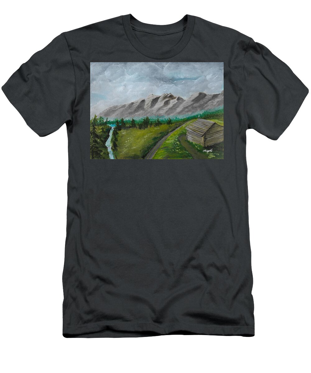 Cabin T-Shirt featuring the painting Cabin on hill by David Bigelow