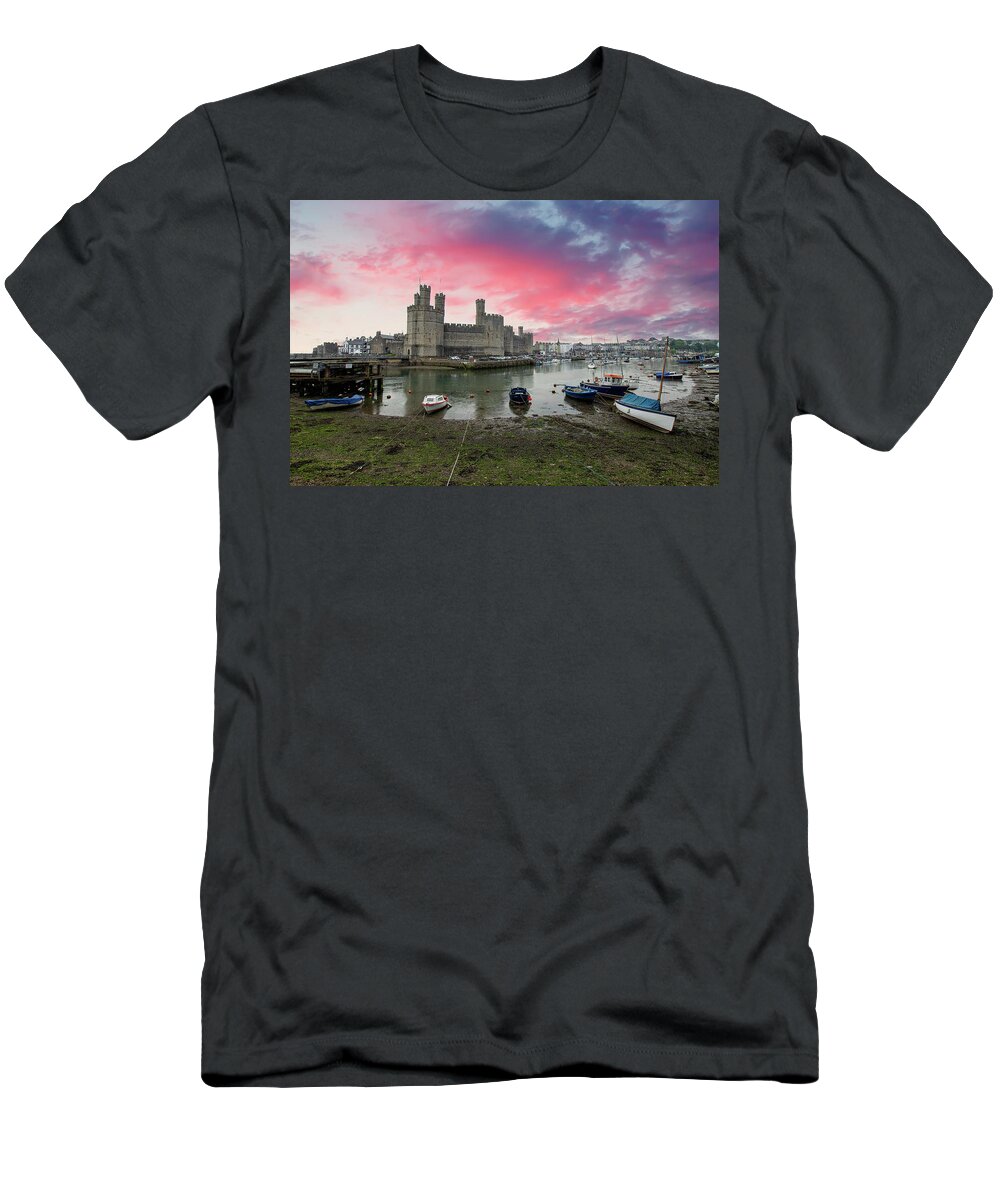 Caernarfon Castle T-Shirt featuring the photograph Caernarfon Castle under a pink sky by Gareth Parkes