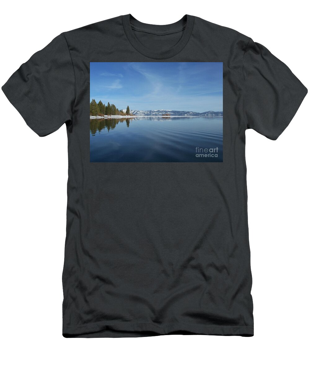 #california #laketahoe #southlaketahoe #calm #reflection #winter #vacation #peaceful #morning T-Shirt featuring the photograph Calm Morning at Tahoe by Charles Vice