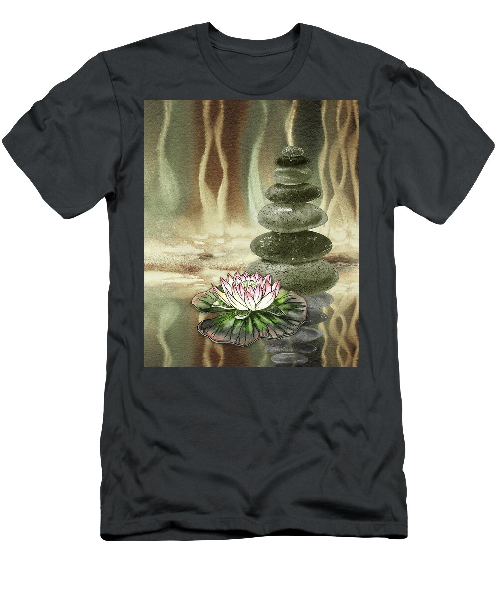 Zen Rocks T-Shirt featuring the painting Calm Peaceful Relaxing Zen Rocks Cairn With Flower Meditative Spa Collection Watercolor Art IV by Irina Sztukowski