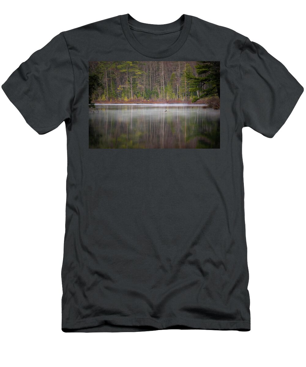 Nature T-Shirt featuring the photograph Canada Goose on a Misty Swift River Morning by William Dickman