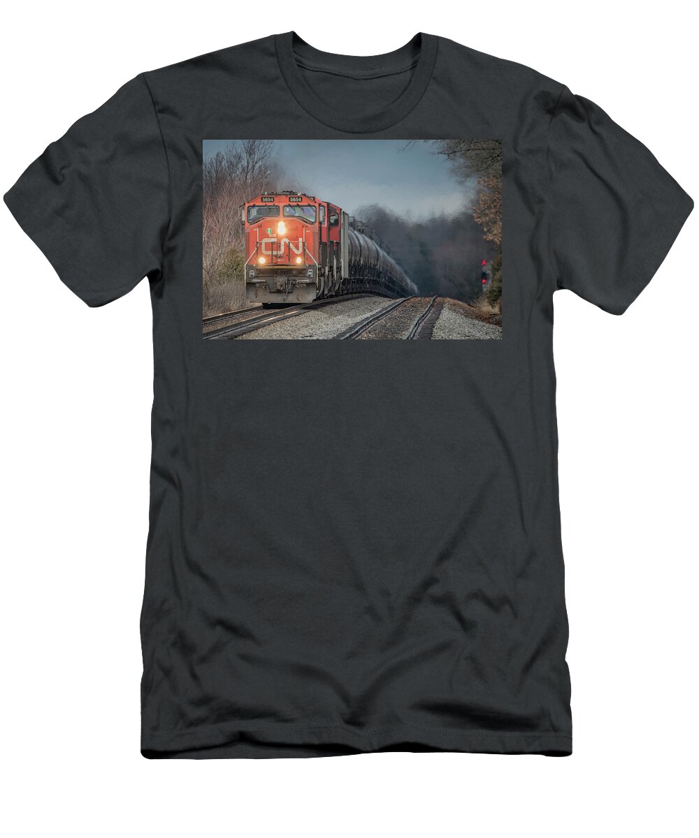 Railroad T-Shirt featuring the photograph Canadian National 5654 leads the way on CSX K445 by Jim Pearson