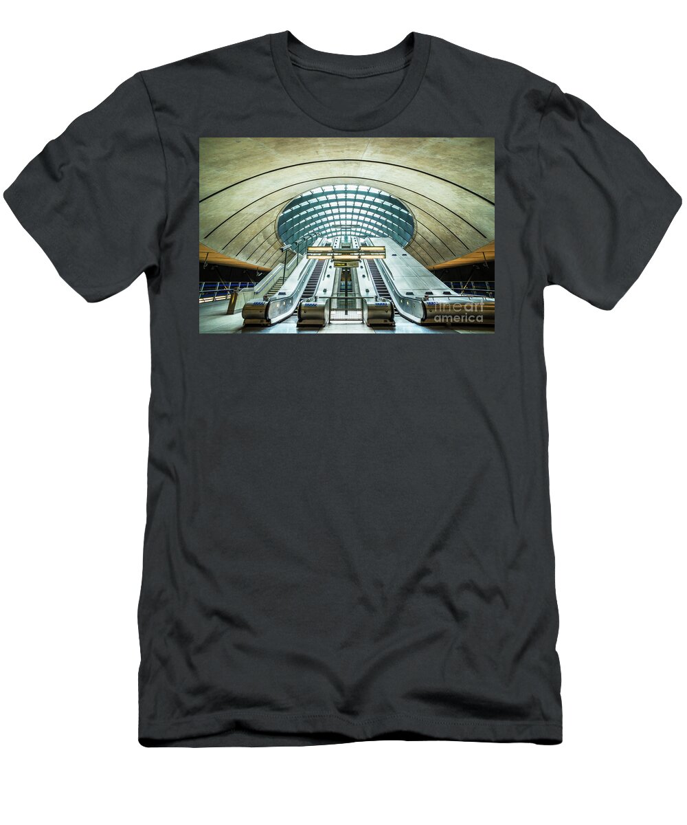 London T-Shirt featuring the photograph Canary wharf underground station escalators, London, England by Neale And Judith Clark