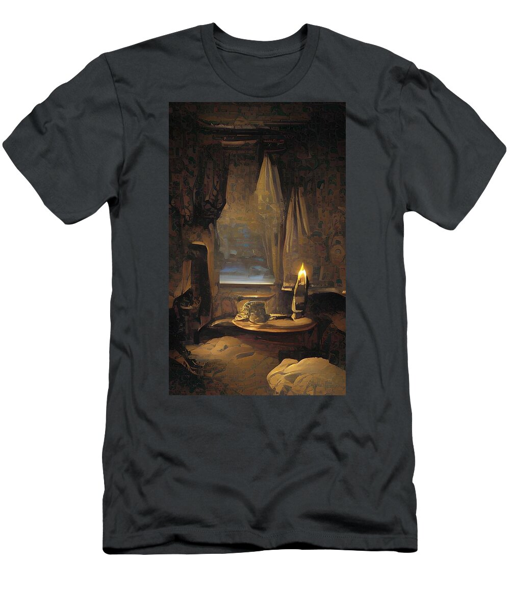 Still Life T-Shirt featuring the digital art Candle in a Window vintage still life by Bonnie Bruno