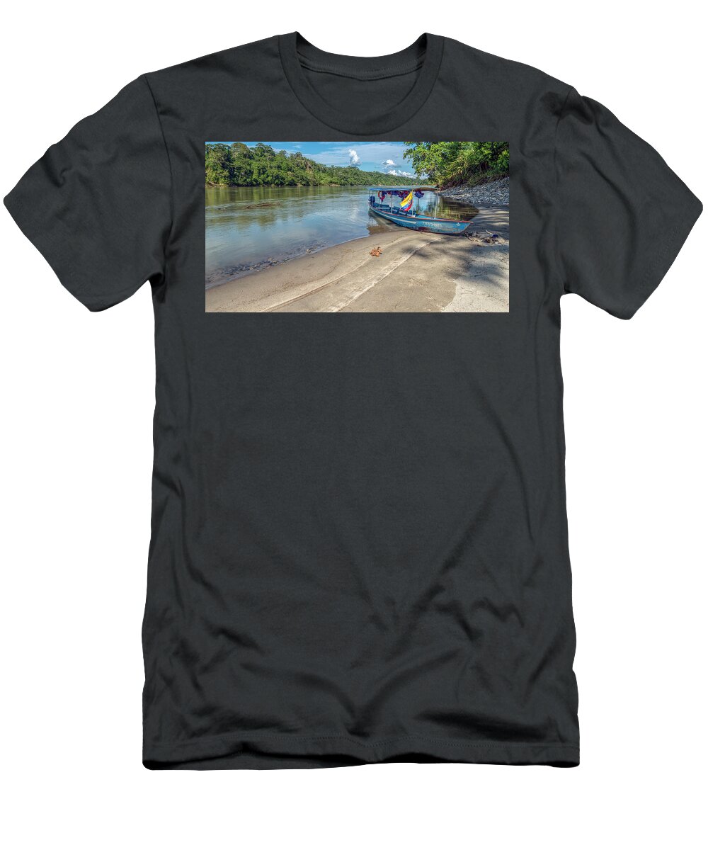 Ahuano T-Shirt featuring the photograph Canoe and beach on the Amazon Napo river by Henri Leduc