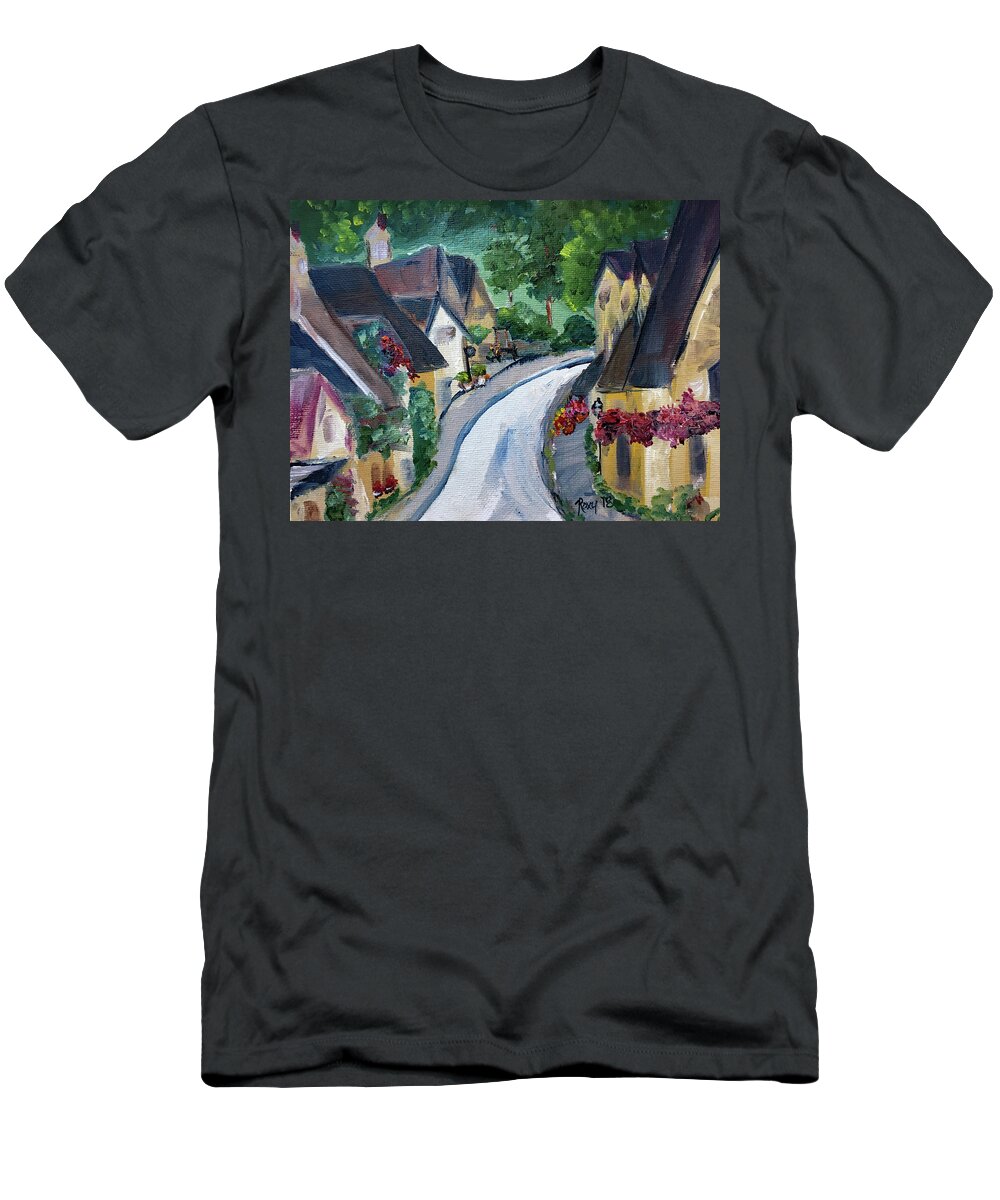 Castle Combe T-Shirt featuring the painting Castle Combe view from Town Square by Roxy Rich