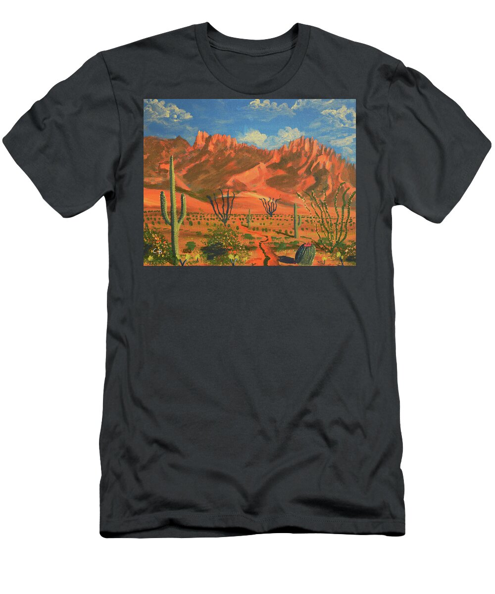 Catalina Mountains T-Shirt featuring the painting Catalina Mountains and Pusch Ridge Wilderness, Oro Valley, AZ by Chance Kafka