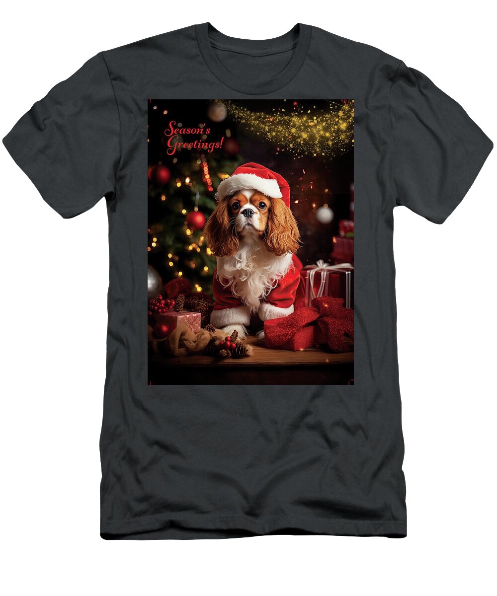 Digital Artwork T-Shirt featuring the mixed media Cavalier King Charles Spaniel Santas Helper by Lily Malor