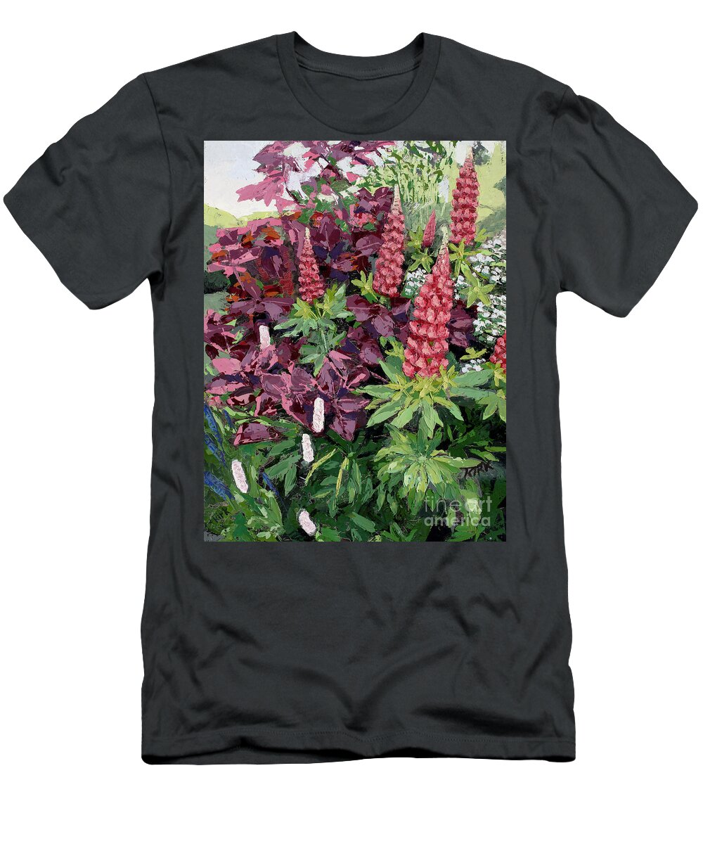 Oil Painting T-Shirt featuring the painting Cawdor Castle Lupins, 2015 by PJ Kirk