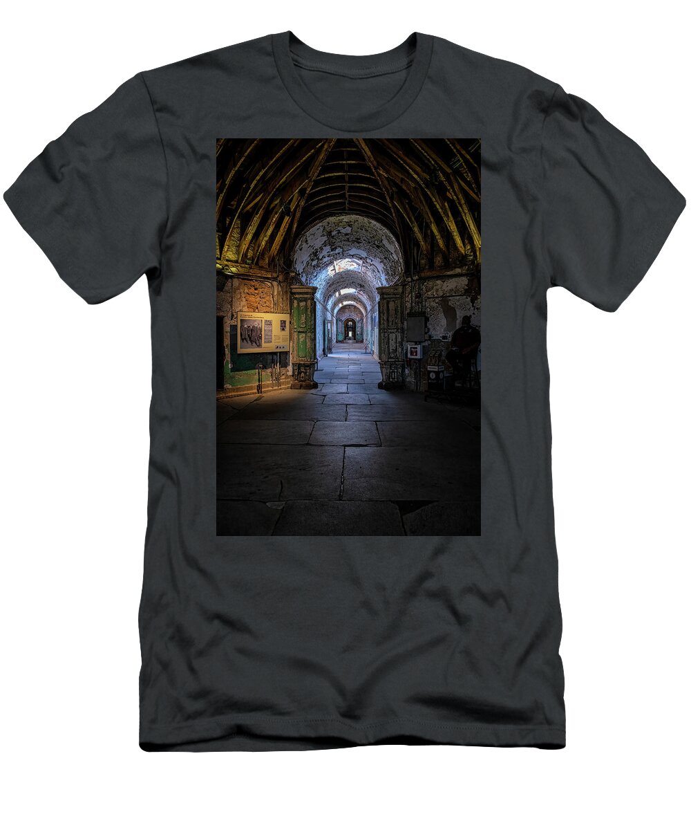 Eastern State Penitentiary T-Shirt featuring the photograph Cellblock Hall by Tom Singleton