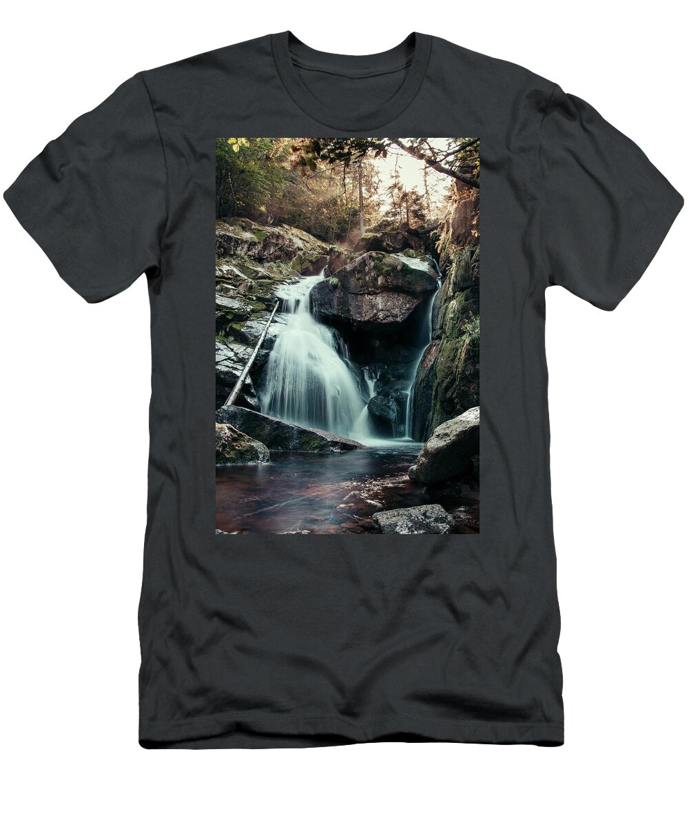Jizera Mountains T-Shirt featuring the photograph Cerny potok waterfall in Jizera mountains at sunset by Vaclav Sonnek