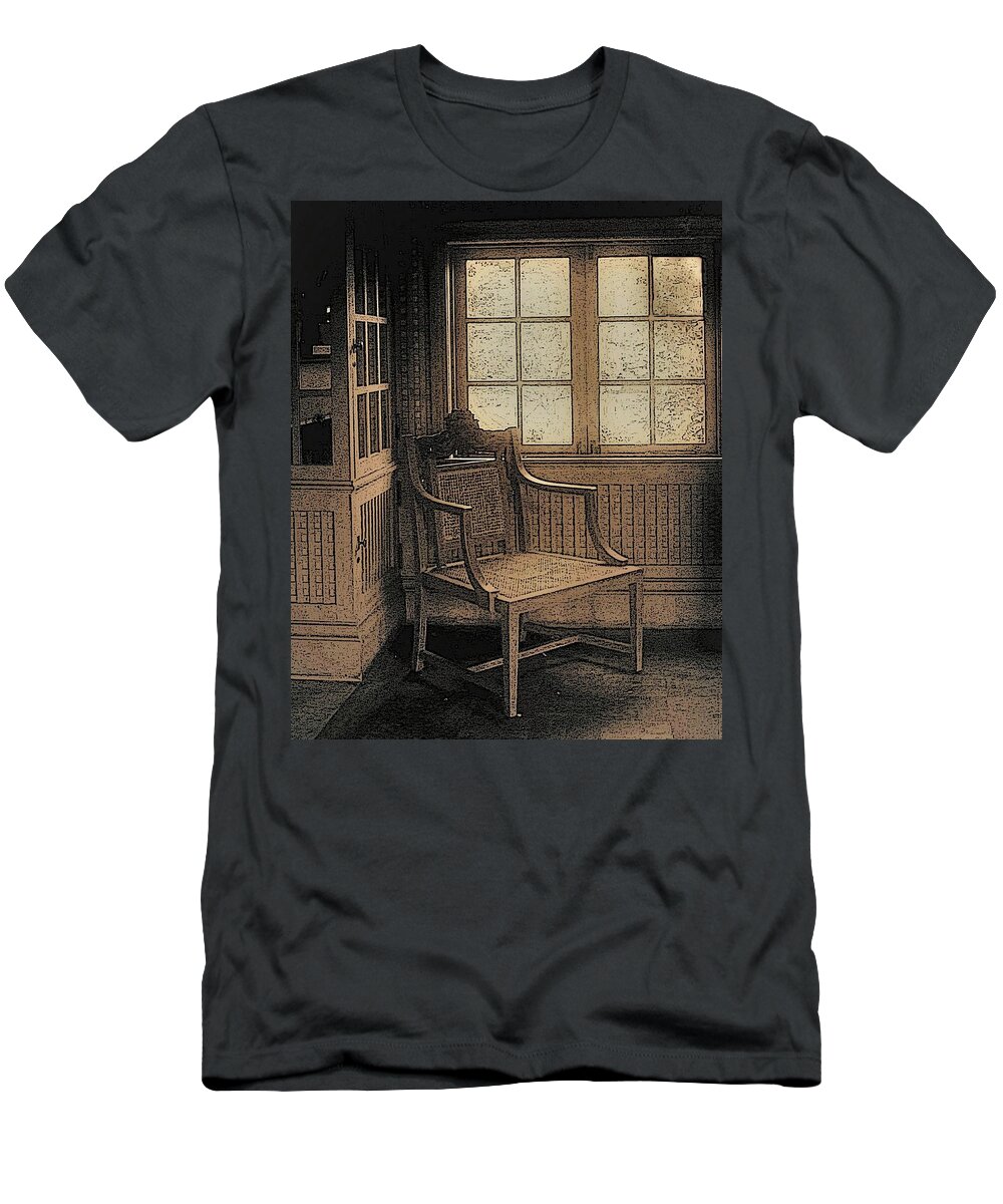 Chair Window Room B&w Sepia T-Shirt featuring the photograph Chair Window2 by John Linnemeyer