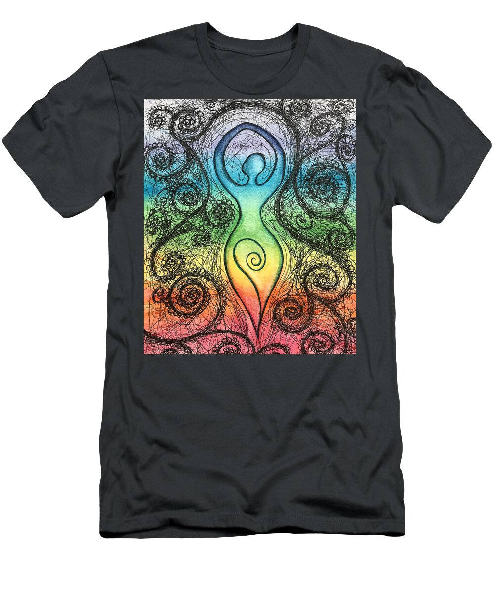 Spiral Goddess T-Shirt featuring the mixed media Chakra Spiral Goddess by Laura Taylor